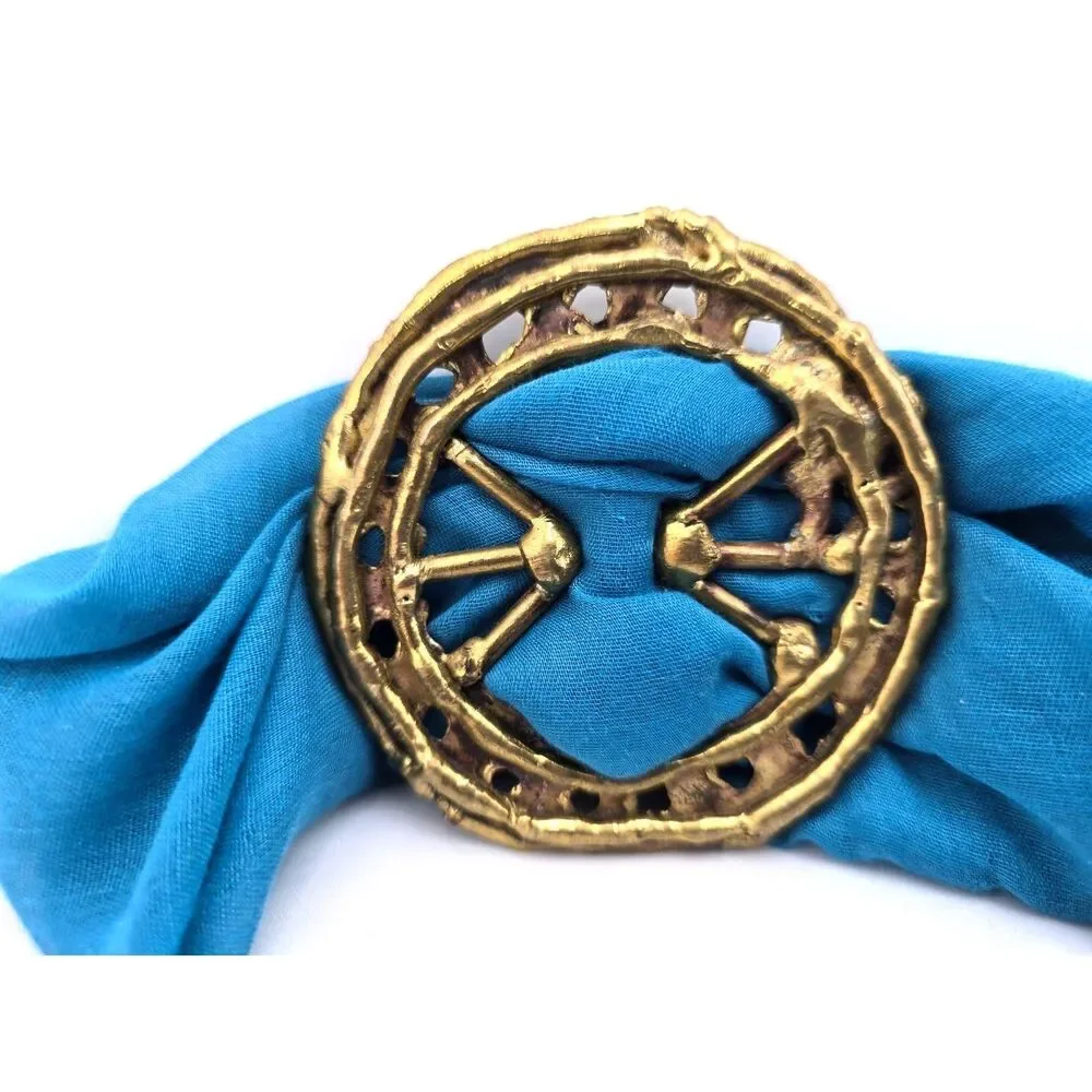 Vtg. Handcrafted Round Brass Belt Buckle Sash Scarf Slide 3